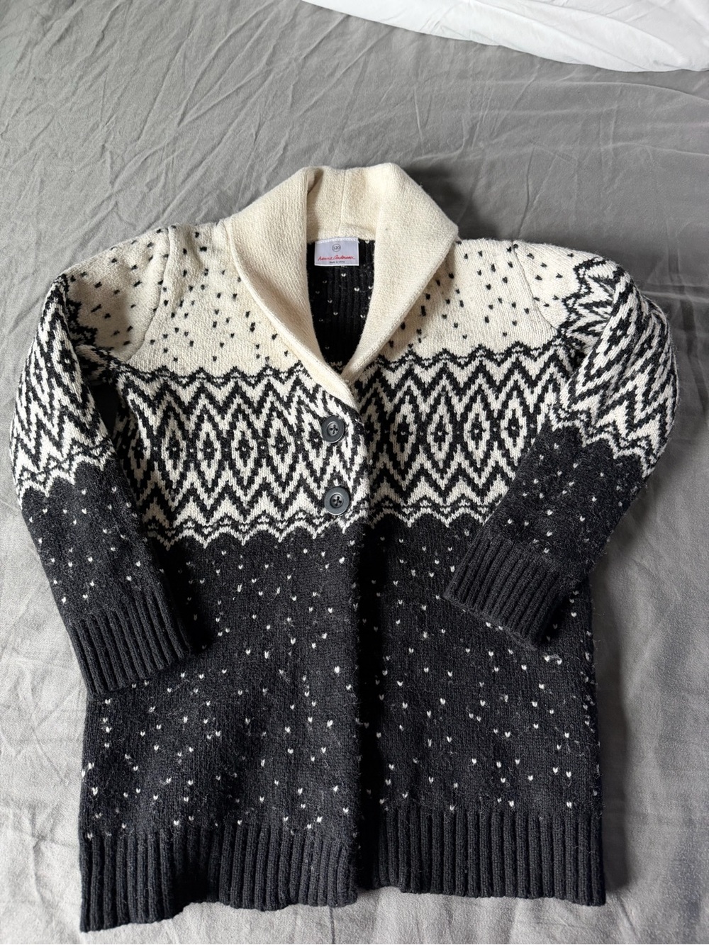 Hanna Andersson Black & White Fair Isle Shawl Collar Sweater Coat